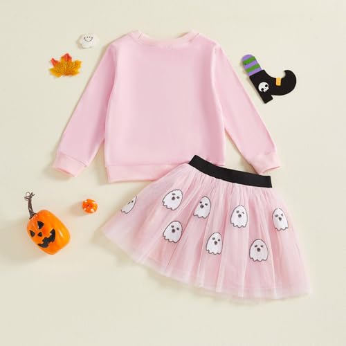 Toddler Baby Girl Halloween Outfits Long Sleeve Letter Ghost Embroidery Sweatshirt A-line Tulle Skirt with Headband4