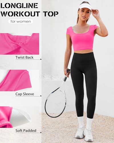 Image of DaiLiWei Open Back Workout Tops for Women Short Sleeve Longline Sports Bras Support Crop Tank Yoga Shirts with Built in Bra