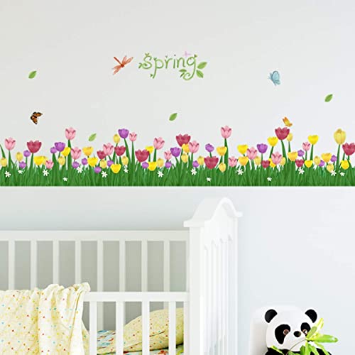 Spring Tulip Wall Decals Flower Grass Wall Stickers Removable Diy Peel And Stick Art Murals For Classroom Bedroom Girls Room Living Room Hallway Kitchen Bathroom Home Decor (Tulip) #TOP3