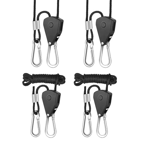 Simple Deluxe 2 Pairs 1/8 inch Adjustable Heavy Duty Rope Hanger Reinforced Metal Internal Gears Ratchets for Grow Light, 8ft Long & 150lbs Weight Capacity, Loose-Proof Design