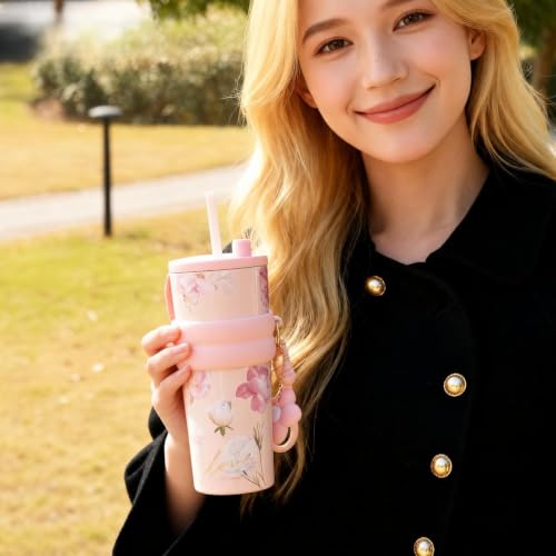 Image of Pink Stainless Steel Tumbler with Lid and Straw, Insulated Coffee Mug, Leak Proof, Portable Iced Travel Water Tumbler, Reusable Coffee Cup Gift for Women, Girls Ceramic Lined Tumbler