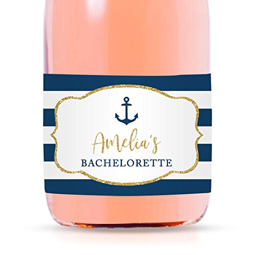 Andaz Press Personalized Mini Champagne Wine Bottle Labels, Amelia's Bachelorette, Location, Nautical Navy Blue Stripes Faux Gold Glitter, 20-Pack, Custom Mini Champagne Favor Gift Stickers