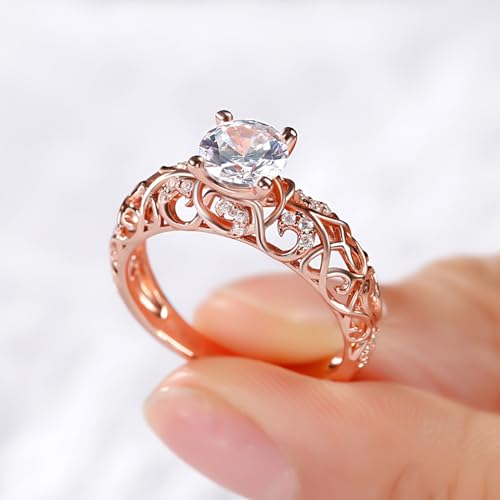 Jeulia 2 Carat Leaf Vines Rings for Women 925 Sterling Silver Rose Gold Plated Engagement Rings Round Cut Diamond Wedding Band Rings Solitaire CZ Promise Anniversary Rings Romantic Gift3