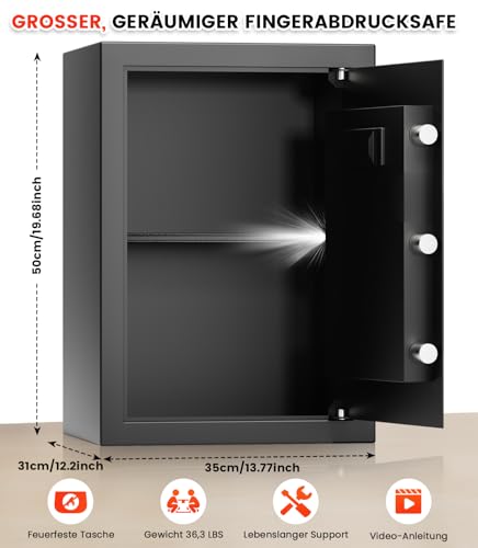 Fingerabdruck Tresor für Zuhause mit Feuerfester Tasche, Safe Tresor Fingerabdruck mit Abnehmbares Regal und Dualer Alarmmodus, Digitaler Möbeltresor für Geld Medikamente Dokumente(67L)