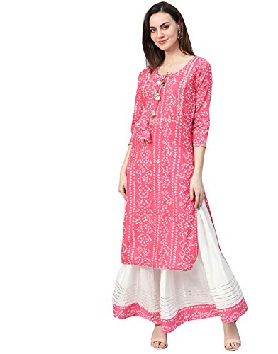 Image of Ishin Women's Pure Cotton Pink & White Embroidered & Gotta Patti A-Line Kurta suit set with Skirt