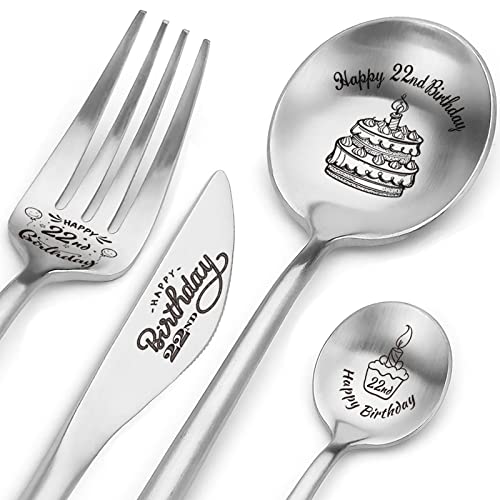 Happy 22nd Birthday Spoon&Fork Gifts Engraved Cutlery Set Personalized Birthday Gifts for Son Daughter Sister Brother Friends