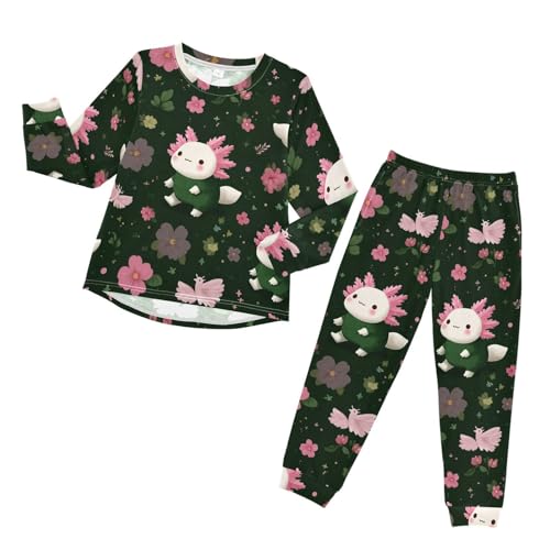 Cute Axolotl Floral Pattern Soft Pajama Set for All Seasons,Breathable Pjs Long Sleeve Sleepwear,Comfy Loungewear 2 Piece Underwear Set 4T