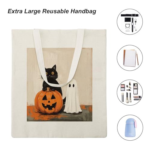 Halloween Purple Polka Dot Ghost Canvas Totes for Women Vintage Halloween Travel Beach Bag for Shopping Grocery Work4