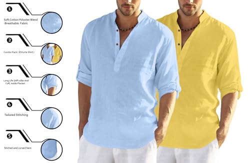 Image of Zombom Men's Combo Cotton Polyester Blend Solid Full Sleeve Straight Regular Fit Mandarin /Chinese Collor Kurta (Pack of 2)