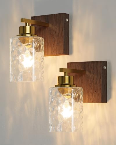 Image of Hammered Glass Battery Operated Wall Sconces Set of Two Gold & Walnut | Dimmable Rechargeable Wall Lights with Remote Timer, Easy Install Lamp for Living Room Bedroom, Emergency 3000K