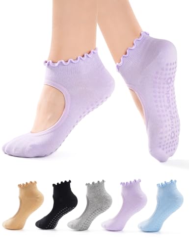 hongqu us 5 Pairs Pilates Socks for Women Non Slip Grip Yoga Socks Ankle Grippy Socks Woman for Barre, Hospital, Barefoot