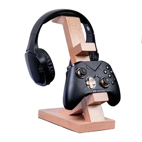 Soporte de madera para controladores y auriculares artesanal 7