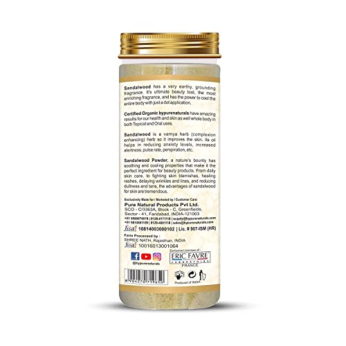 Image of byPureNaturals Organic Sandal Chandan Powder, 100gm | 100% Natural Herbal Pure Face Pack for reducing Pimples and Sun Tan | Facial for Dry Skin | For Men and Women