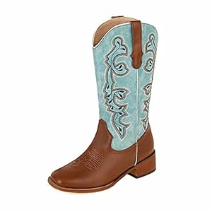 OTMYIGO Vrouw splicing Mid Calf Boots, 2022 vintage western cowboy laarzen Borduurwerk Gestikte Vierkante Teen Lage Hak Rijlaarzen