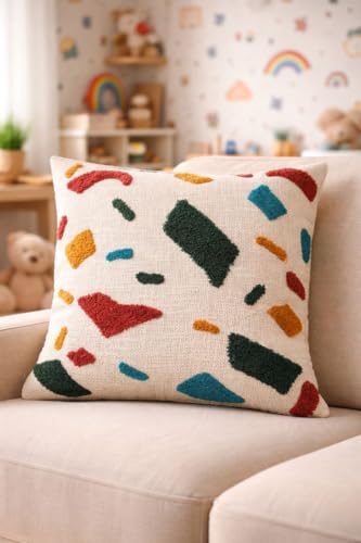 Image of Decorative Cushion Cover, Abstract Terrazzo Pattern, Tufted Design, Cotton, 40.64x40.64 cm, Square, Multicolor, Ideal for Kids Bedroom