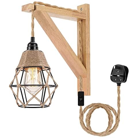 Plug in Industrial Wall Lights with Switch Indoor Vintage Wooden Wall Lamp E27 Retro Hemp Rope Wall Sconces Bedside Reading Lighting for Living Room Bedroom Restaurant Coffee Shop Kitchen - Black Cover