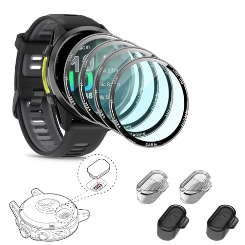 ISRcnst Screen Protector Compatible for Garmin Forerunner 970 & Forerunner 570 47mmCharge Dust Plug Kit 4+4 Pack Protective Film [Its Not Glass]