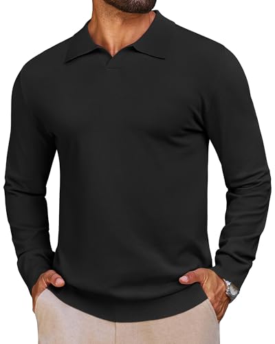 Lexiart Mens Knit Polo Shirts Long Sleeve V Neck Breathable Soft Casual Lightweight Solid Color Golf Shirts