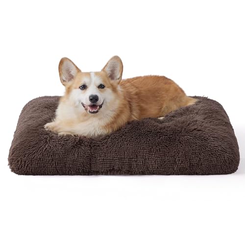 Bedsure Colchón para Jaula de Perro Mediano - Colchón Mullido Lavable para Cachorros y Gatos Grandes, Cojín Relajante Anti-Estrés con Fondo Antideslizante, Marrón, 74 x 53 cm