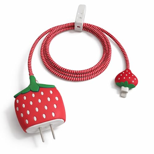 Image of Cable Protector for Apple iPhone Charger 20W /18W Type C, 3D Cute Cartoon Case Adaptor Cover Full Cable Connection Protectors Protective Protection Wire Sleeves Guard (Strawberry)