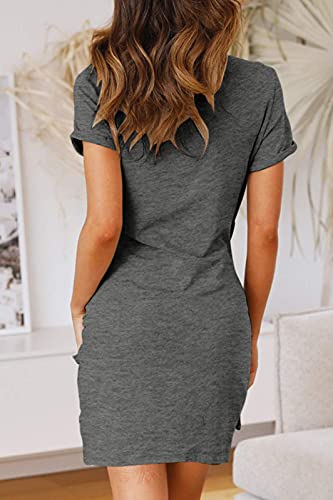 Merokeety Women's Short Sleeve Crew Neck T Shirt Dress Tie Waist Ruched Bodycon Mini Dress Darkgrey #TOP3
