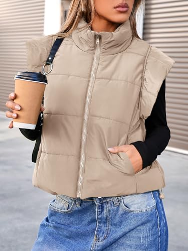 Tankaneo Womens Cropped Puffer Vest Cap Sleeve Zip Up Puffy Qulited Jacket Stand Collar Padded Gilet Coat Winter Outerwear2