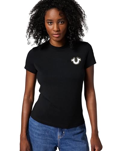 True Religion Women's Buddha Face Short Sleeve Crew Tee, Black, XS