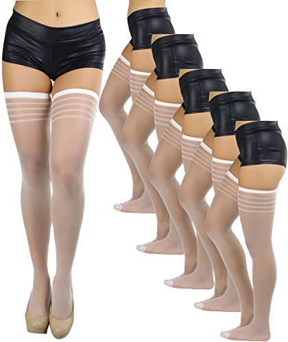 Image of ToBeInStyle Women's Pack of 6 Top Stripe Band Sheer Thigh High Stockings