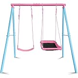 JYGOPLA 500lbs Playground Swing Sets for Backyard, Heavy Duty Metal A-Frame Swing Stand, 1 Adjustable Platform Swing Seat, 1 Belt Swing Seat, Outdoor Small Play Set for Kids 3-12 (Pink+Blue)