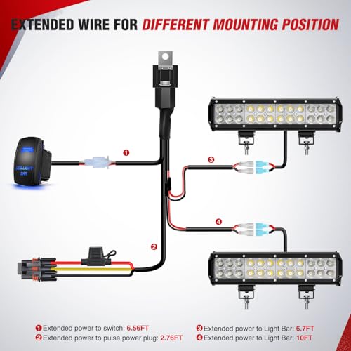 Image of Nilight 16AWG LED Light Bar Wiring Harness Kit with Pulse Power Plug Connector 12V On Off 5Pin Rocker Switch Relay Fuse for Polaris RZR General Ranger Pulse Bus bar- 2 Leads Blue