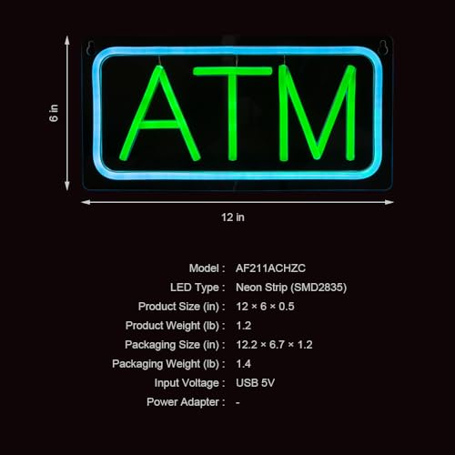 Image of ATM Neon Sign, Small Size, 12 inchx6 inch, USB Powered, 9 Levels of Brightness, Suitable for Bank Supermarket Convenience, Easy to Install on Store Wall Window as Room Decoration (Green, Transparent Acrylic)