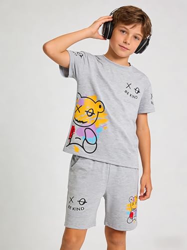 Image of Cakaner Tween Boys Summer Clothes 2 Piece Short Sleeve Graphic T-Shirt and Shorts Casual Outfit Set Size 7-14