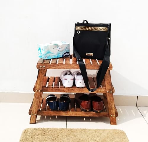 Image of Three-Tier Solid Wood Shoe Rack for Home and Hallway Shoe Organizing & Sitting Bench Use. (1, Triangle)