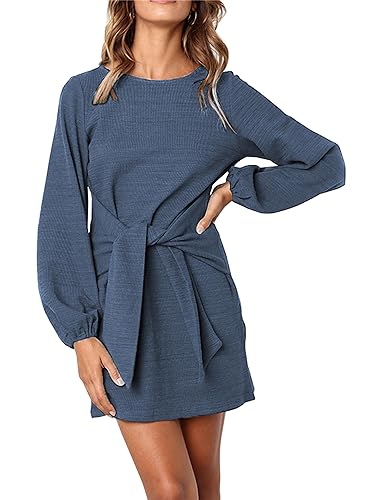 Image of PRETTYGARDEN Womens Spring Elegant Long Lantern Sleeve Short Dress Wedding Guest Crewneck Tie Waist Knit Cocktail Dresses