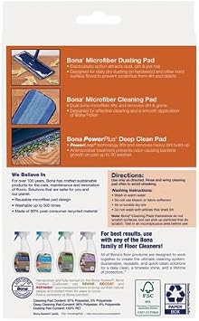 Bona Microfiber Pad 3-Pack includes Dusting, Cleaning, and Deep Cleaning Pad, for Hardwood and Multi-Surface Floors, fits Bona Family of Mops