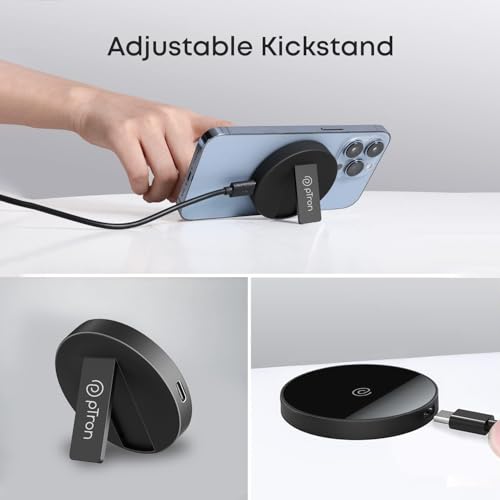 Image of pTron Dynamo Ring V2 15W Magnetic Wireless Charger, Compatible with iPhone 15 /14 /13 /12 Series, Samsung & Other Qi2 Enabled Devices, Compact & Sleek, 3A Type-C to Type-C 1m Cable Included (Ink Black)