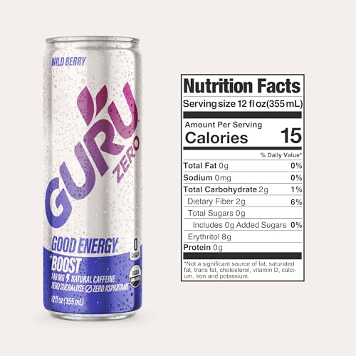 Image of GURU Zero Sugar Energy Drink, Wild Berry Organic Sparkling Energy Drink with 140 MG Natural Caffeine & Coconut Water for Workouts, Performance & Midday Boost, Gluten Free, Vegan, 12 Fl Oz, 24 Pack