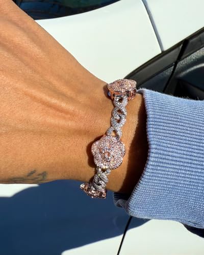 Lulu Mel Infinity Rose Gold Cuban Chain Bracelet for Men Women, Iced Out Silver Rose 5A Cubic Zirconia Diamond Cuban Charm Flower Bracelets Hip Hop Gift3