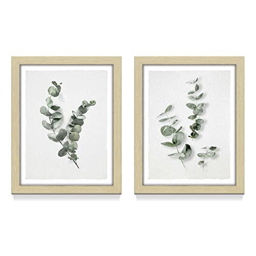 Framed Plant Wall Art Picture: Modern Bedroom Leaf Print Decor Boho Bathroom Living Room Sage Green Eucalyptus Painting 2 Piece Small Vertical Minimalist Nature Botanical Artwork #TOP11