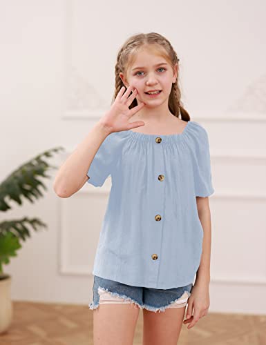 Girls Summer Blouses Short Sleeve Square Neck Button Down Tee Shirts Solid Casual Loose Fit Tops Blue #TOP3