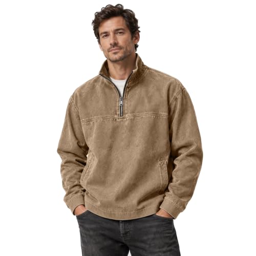 Men's Denim Shirt Washed Vintage 1/4 Zip Pullover Shirt with Pockets - image 1