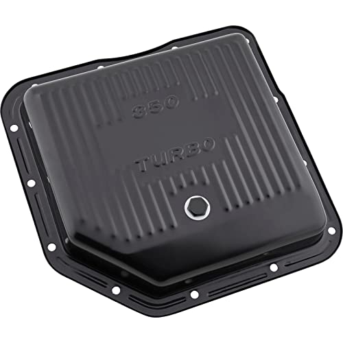 Black Steel GM TH-350 Transmission Pan 2-Inch Deep Stock Capacity Premium Steel Construction Black Painted Finish Includes Drain Plug Durable Replacement Pan