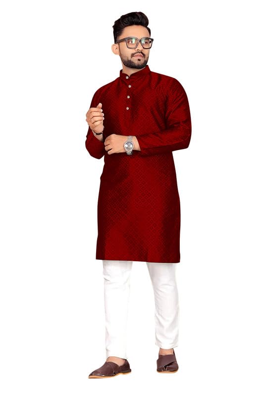 Mens Self Design Cotton Silk Kurta Pyjama Set