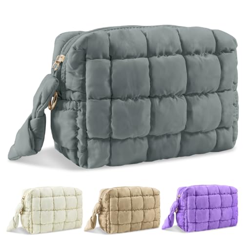 Puffer Quilted Makeup Bag Cosmetic Bags,Puffy Travel Toiletry Pouch for Women,Cute Checkered Zipper Bag Travel Essential,Portable Aesthetic Make up Organizer Bag for Gifts Work Daily(Grey,S)