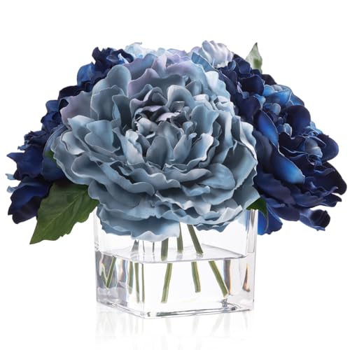 Artificial Peonies Flowers Arrangements in Cube Glass Vase, WELLKNOWN Silk Flower Centerpieces for Dining Room Table, Coffee Table Decor, Faux Peony Flowers with Faux Water (Bicolor Blue)