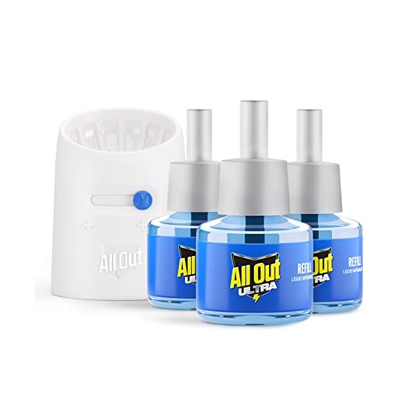 All Out Ultra Combo Pack 3 Refill + 1 Machine | Ultra Liquid Power | Kills Dengue Mosquitoes | 100% More Power Mosquito Repellent, Blue