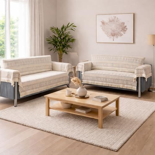 Image of Elegant Woven Beige Sofa Cover - Soft Chenille Traditional Pattern with Lace Style | L-Shape Sectional Seat Protector for Living Room | Durable & Stylish Slipcover 3+2 Seater with Arms