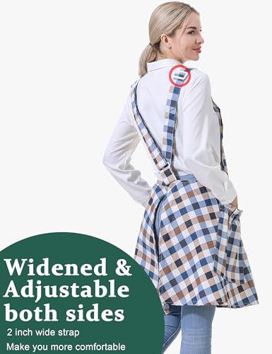 Image of Cozy Adjustable Cross Back Aprons for Women with Pockets Cotton Linen Cooking Kitchen Baking