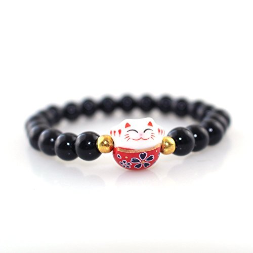 Sunsee sunling Natural Black Obsidian Lucky Cat Bracelets Bangle Crystal Bead Bracelets for Men Women (Black, 18)