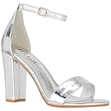 ILLUDE Women’s Open Toe Ankle Strap Chunky Block High Heel - Formal, Wedding, Party Classic Pump - Ruby (10, Silver Patent)